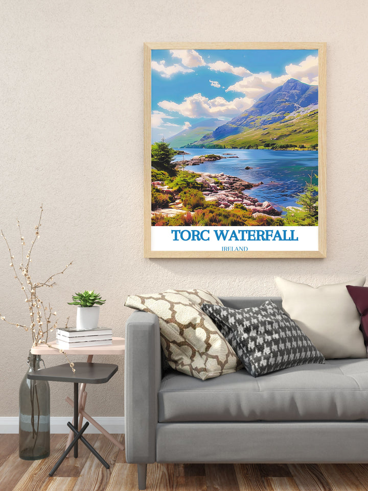 Immerse yourself in the natural splendor of Killarney National Park with this detailed travel poster, showcasing its rugged mountains and tranquil lakes.