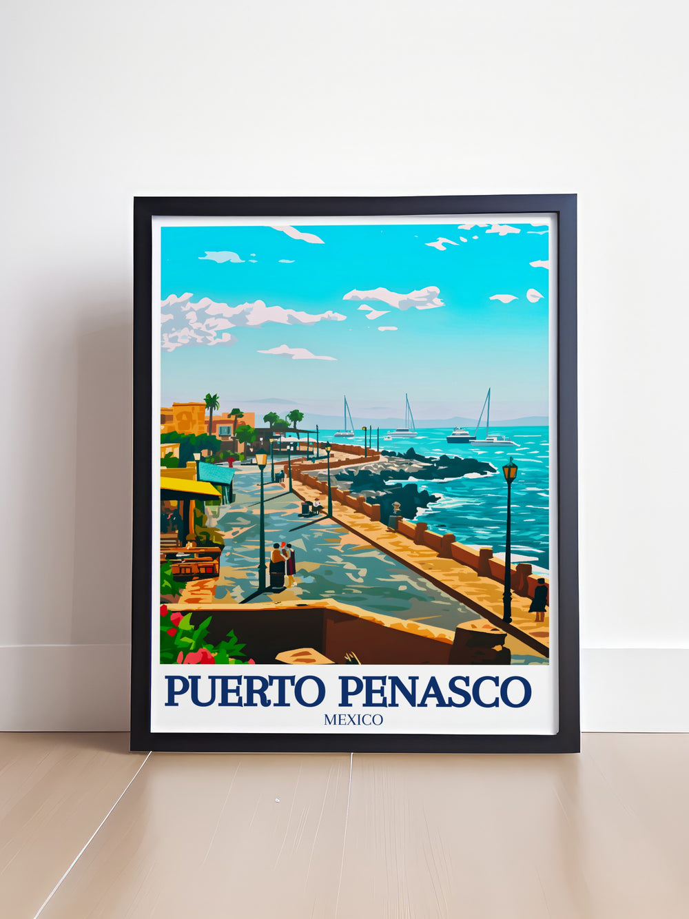 Celebrate the beauty of Mexicos coast with this Puerto Peñasco wall art, showcasing the towns famous Malecon and the vast Sea of Cortez. This print is perfect for anyone who cherishes beach vacations, making it a thoughtful gift or a unique decor piece for your home.