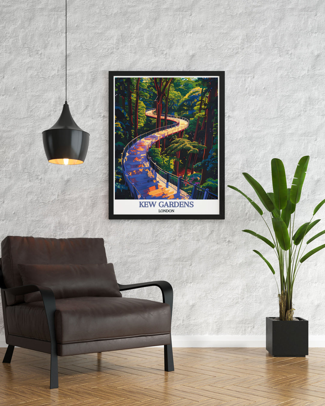 The dynamic energy of the Treetop Walkway, known for its exhilarating views and innovative design, is highlighted in this travel poster. Ideal for urban enthusiasts and nature lovers, this piece captures the lively spirit of Kew Gardens.