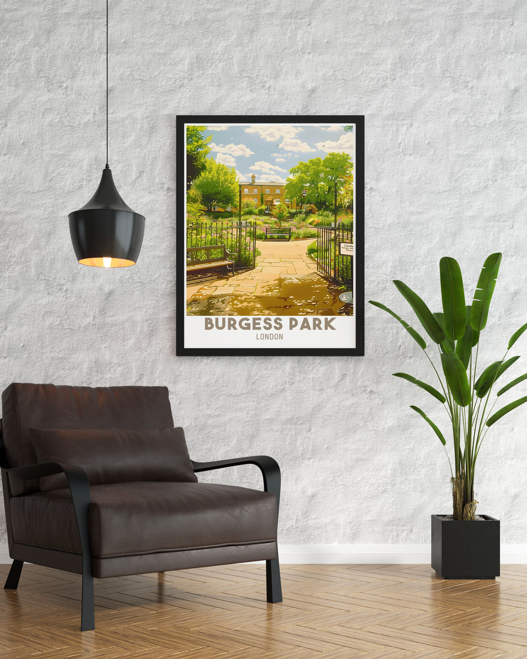 The Burgess Park London poster presents a captivating view of the parks expansive green spaces and the serene Chumleigh Gardens. The inclusion of Chumleigh Café adds a touch of local charm, making this artwork a delightful addition to any art collection.