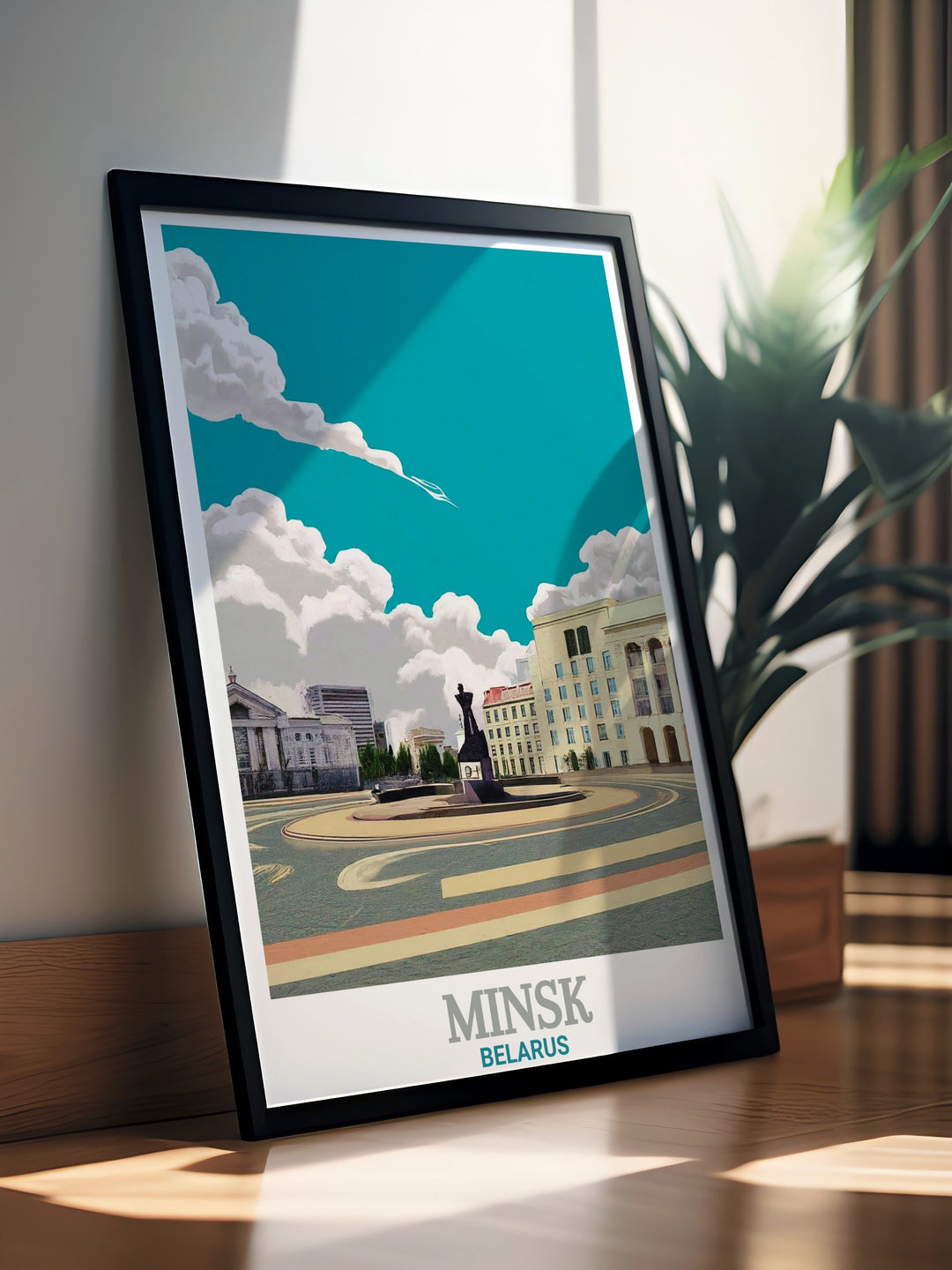 This Minsk wall art showcases the striking architecture of Independence Square in a vintage inspired design. With a minimalist aesthetic and bold color palette, this travel print makes a great addition to any home décor, celebrating the beauty of Belarus.