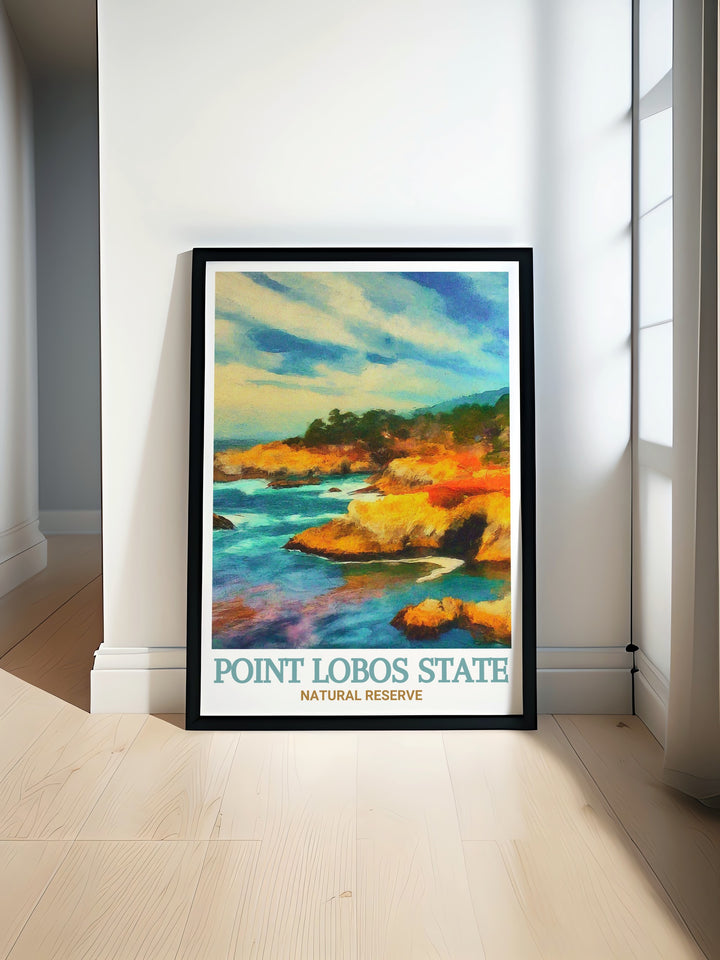 Custom print of China Cove, showcasing the lush vegetation and tranquil waters of this hidden gem within Point Lobos State Natural Reserve. This artwork is ideal for nature lovers looking to add a touch of Californias natural beauty to their decor.