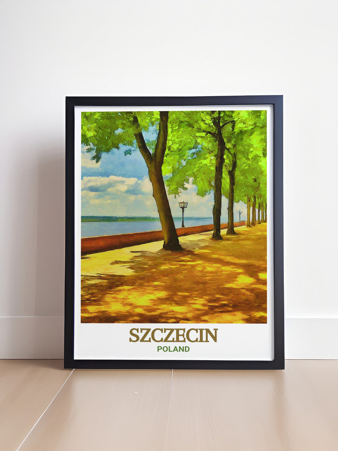 Travel print of Kasprowicz Park in Szczecin. The detailed depiction of this iconic park in Poland captures its peaceful ambiance and vibrant nature, perfect for any room that needs a serene touch.