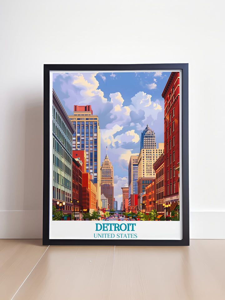 Gallery wall art illustrating the timeless beauty of Detroit, with its stunning skyline and historic landmarks, perfect for enhancing any room with the charm of Motor City.