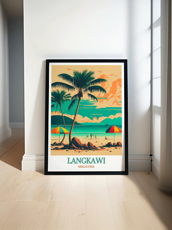 Langkawi travel poster showcasing the tropical beauty of Pantai Cenang beach, featuring stunning views of the Malaysian coastline, golden sands, and palm trees. Perfect as a personalized gift or home decor, this vibrant Langkawi print captures the serene atmosphere of one of Southeast Asias most beautiful beaches.