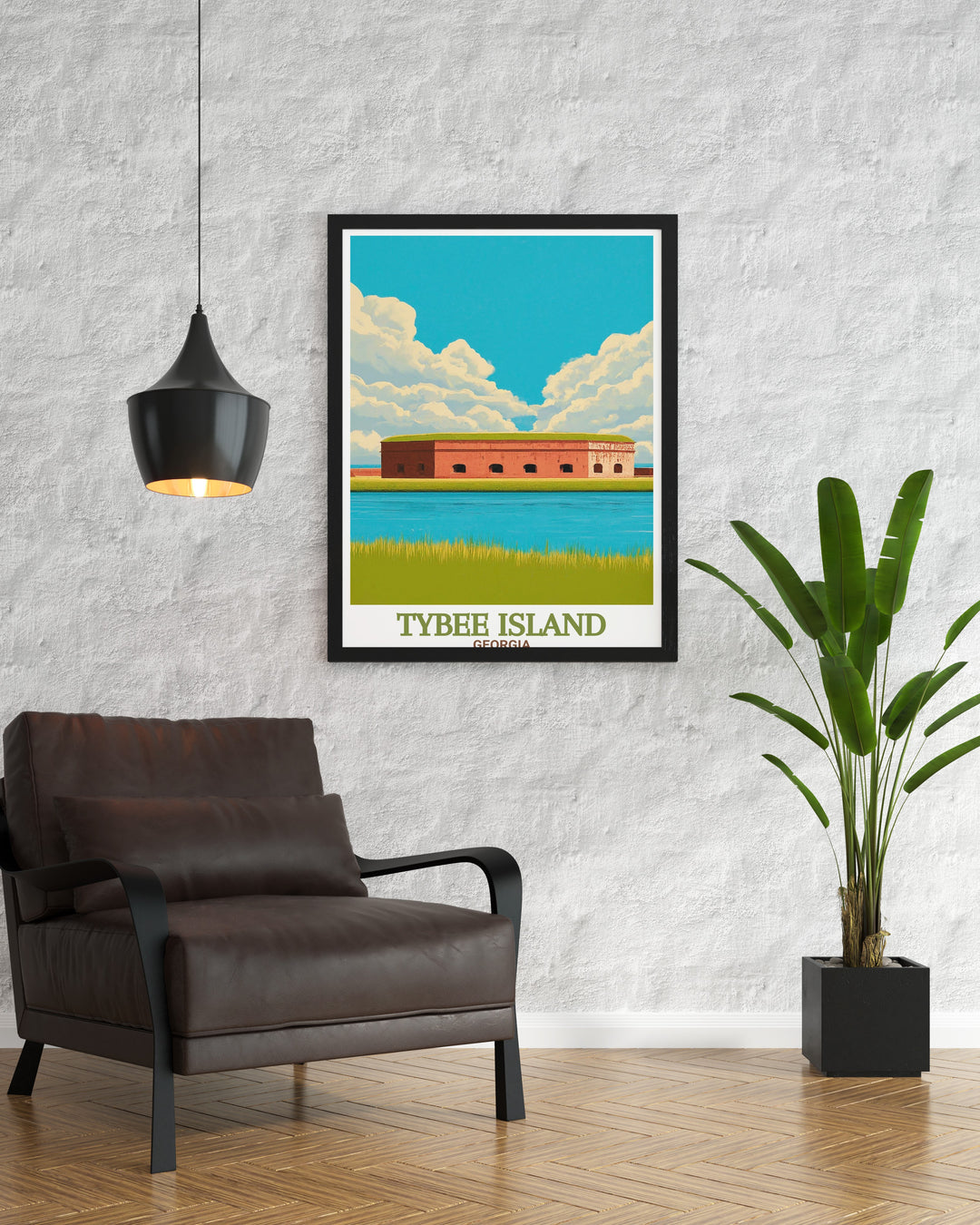 Elegant Tybee Island Poster with detailed Fort Pulaski National Monument art showcasing the islands serene beaches and historic landmarks ideal for those who love travel art and modern decor.