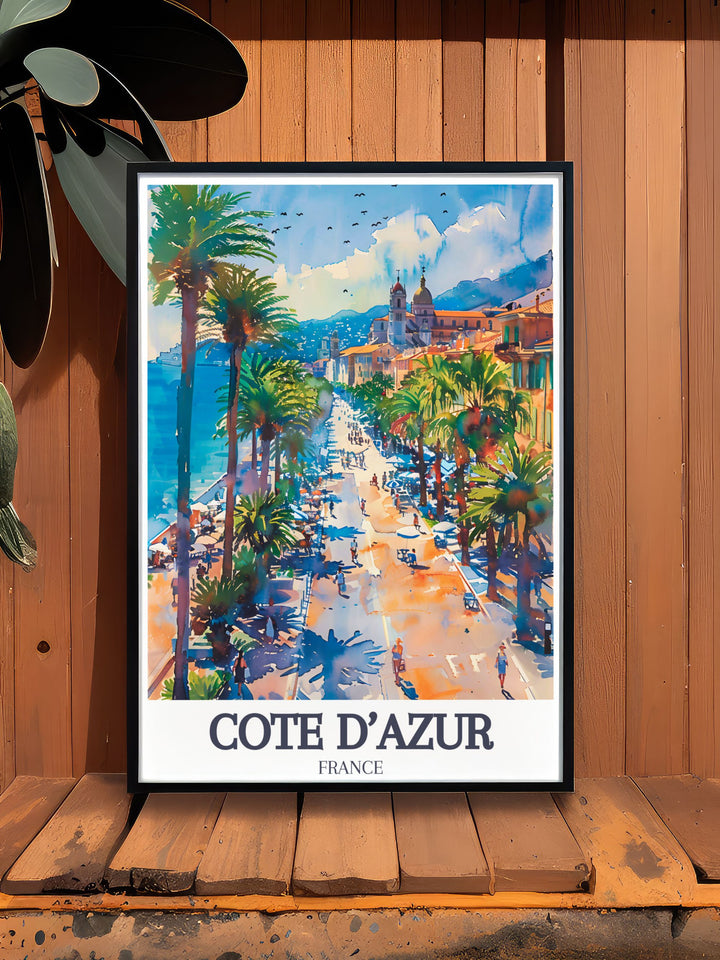 A stunning Côte dAzur poster featuring Nice and the Promenade des Anglais. This travel print captures the beauty of the French Riviera and is perfect for wall décor or gifting to those who love France and Mediterranean landscapes.