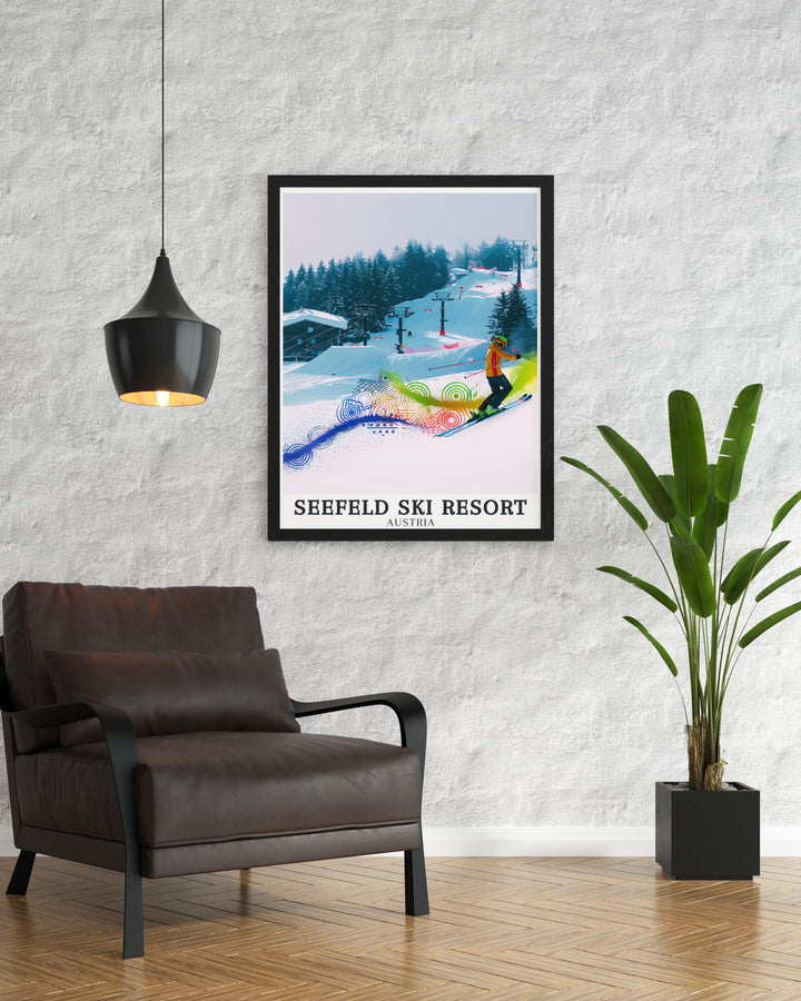 Stunning framed print of Seefeld Ski Resort featuring the Gschwandkopf jump ramp and Tyrolean ski area. Perfect for winter sports enthusiasts looking to add Austria skiing and snowboarding art to their home decor.