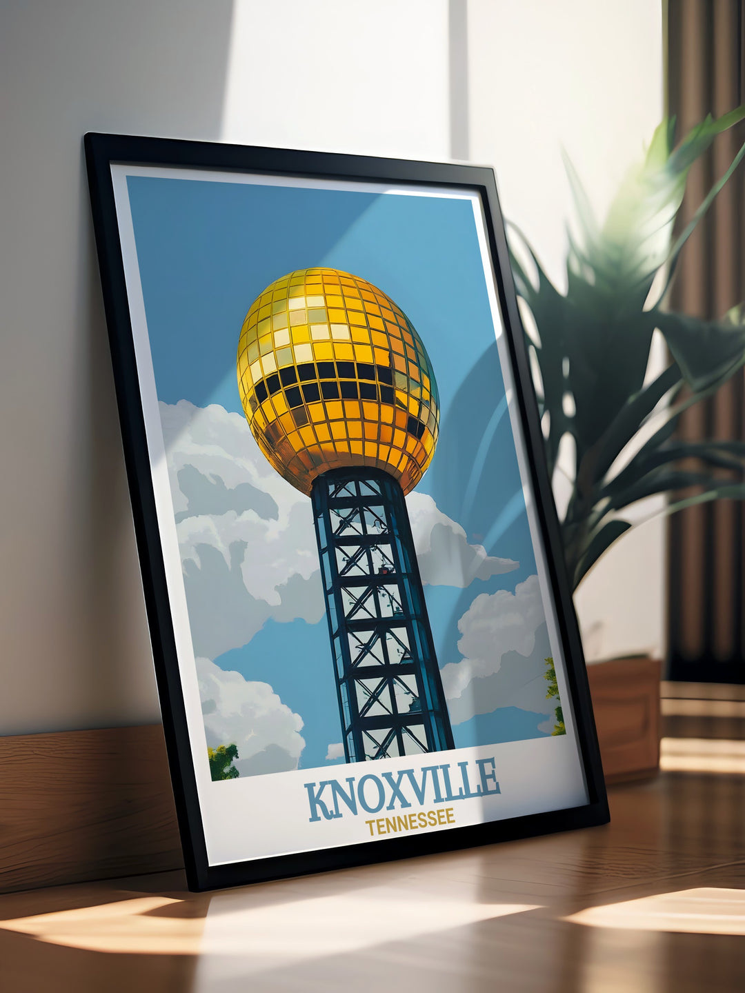 Detailed Knoxville art print showcasing the Sunsphere, a prominent Knoxville landmark, alongside the citys skyline. A perfect wall art addition for anyone who loves Knoxville, blending history and modernity in a beautiful display.