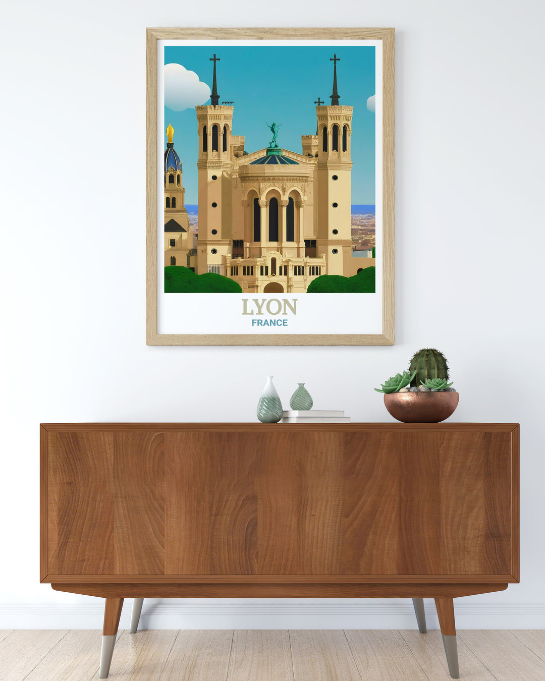 Lyon Vintage Poster inspired by classic travel posters, highlighting the Basilica of Notre Dame de Fourvière with a vintage twist. This poster is ideal for those who appreciate retro designs and want to add a nostalgic touch to their decor.