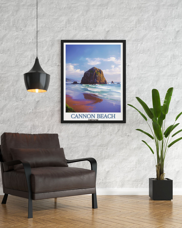 Beautiful Cannon Beach photo capturing the iconic Haystack Rock and serene shoreline bringing the essence of the beach into your home with vibrant colors and detailed craftsmanship