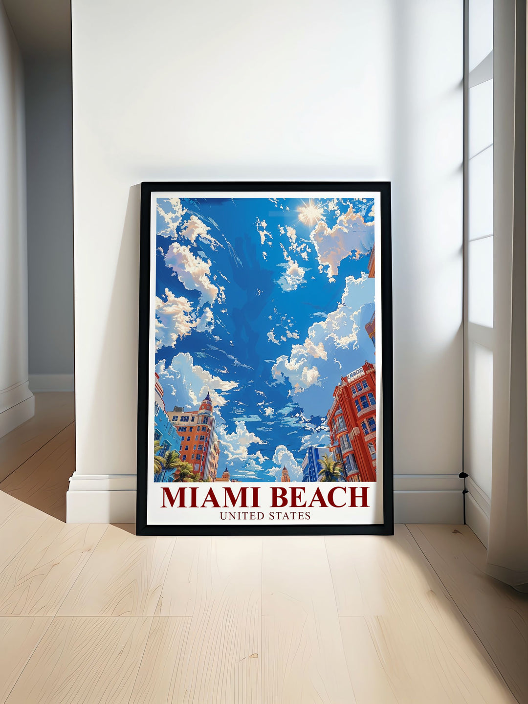 Florida Artwork featuring Miami Beachs Art Deco Historic District with vibrant colors and elegant designs perfect for home decor or gifts capturing the timeless beauty of Miami Beachs historic architecture and lively atmosphere.