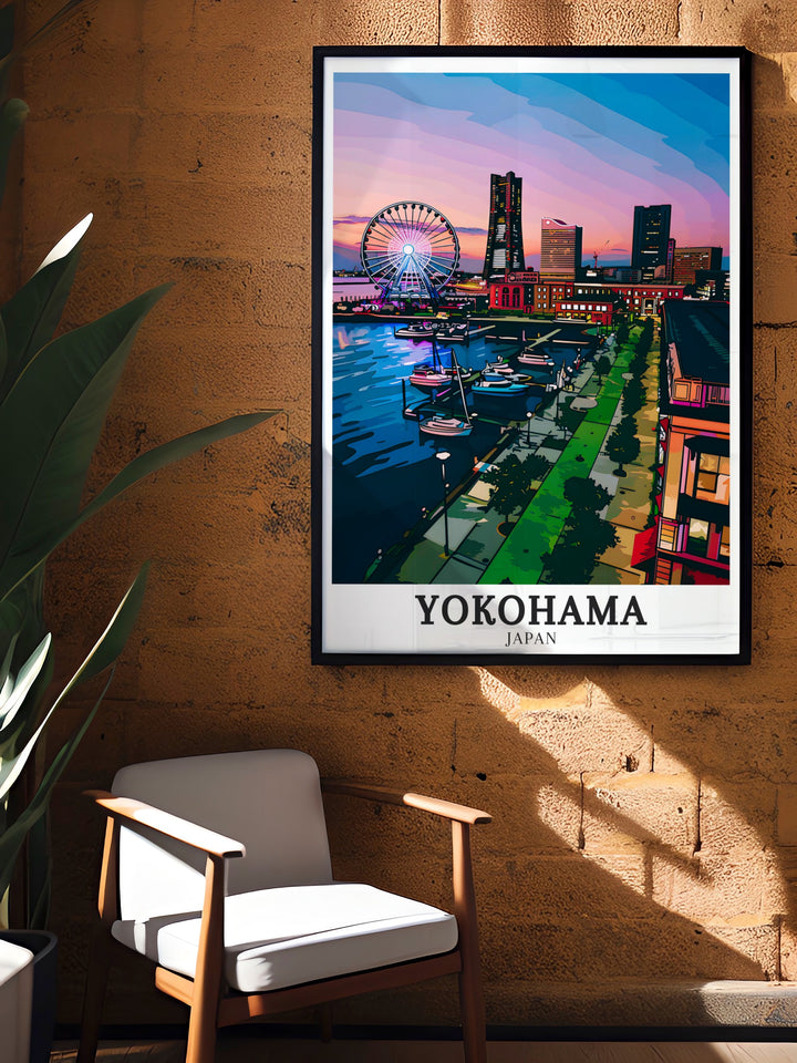 Yokohamas Yamashita Park is brought to life in this artwork, with its scenic harbor view and the bright Ferris wheel creating a captivating scene. The print captures the parks beauty and the lively spirit of the city, making it a standout piece for any room. Perfect for lovers of Japanese art and design.