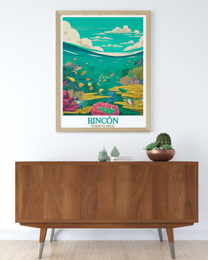 Vibrant art print of Rincon Beach and Tres Palmas Marine Reserve, capturing the tranquility of Californias coastline. Perfect for homes with a beach or coastal theme, this poster brings a calming and scenic view of the ocean right into your living space.