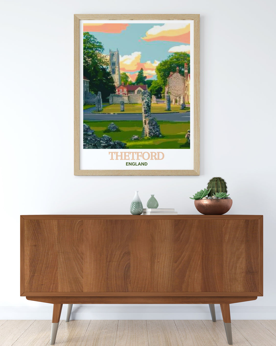 Immerse yourself in the history of Thetford with this travel print of Thetford Priory. Ideal for history enthusiasts, this wall art brings the beauty of Englands medieval heritage into your home, creating a sophisticated and reflective atmosphere.