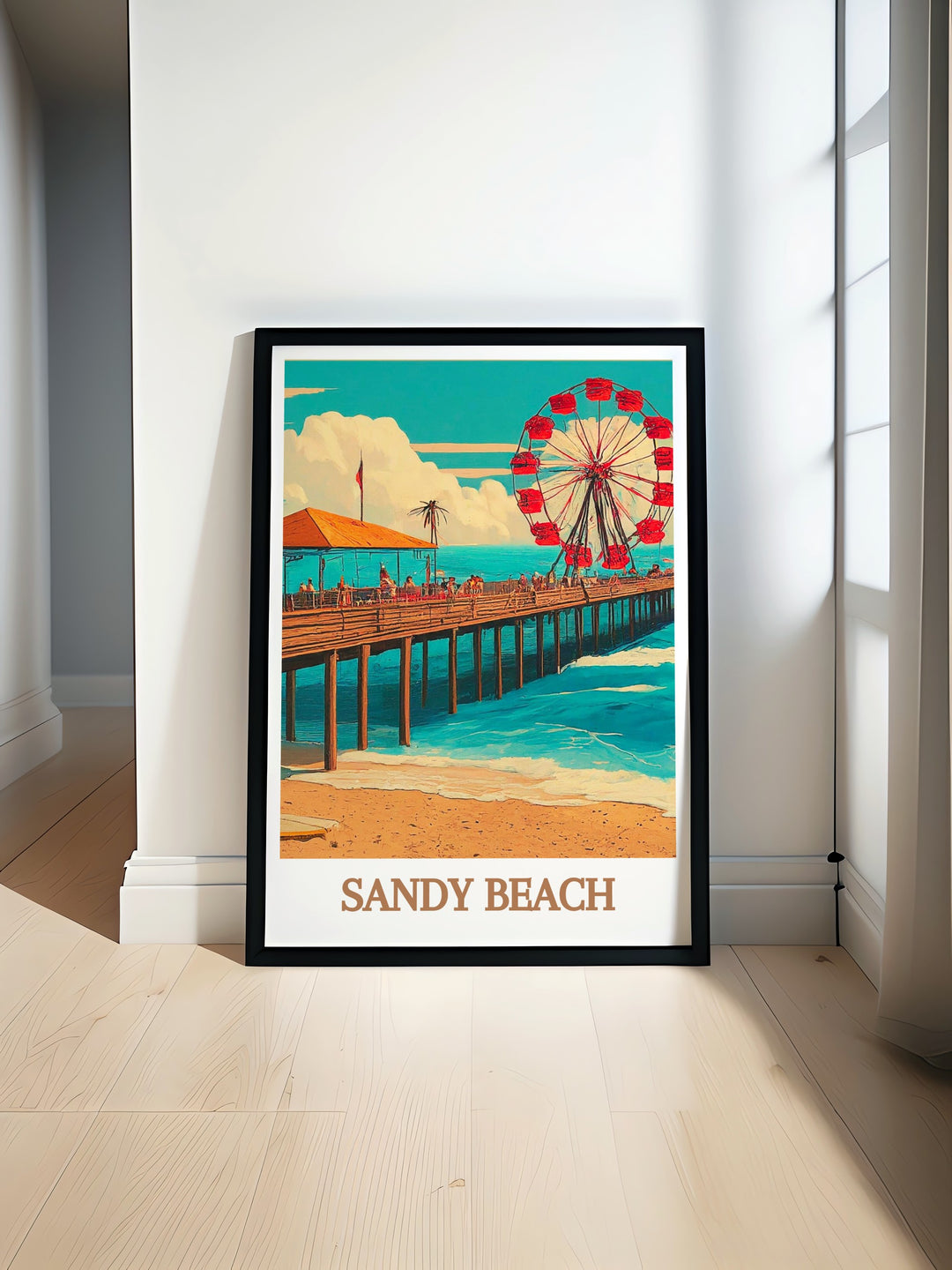 Sandy Beach Pier Modern Print featuring a vibrant coastal scene with detailed pier and beach elements ideal for adding a touch of elegance and color to any room with its lively design and intricate artwork