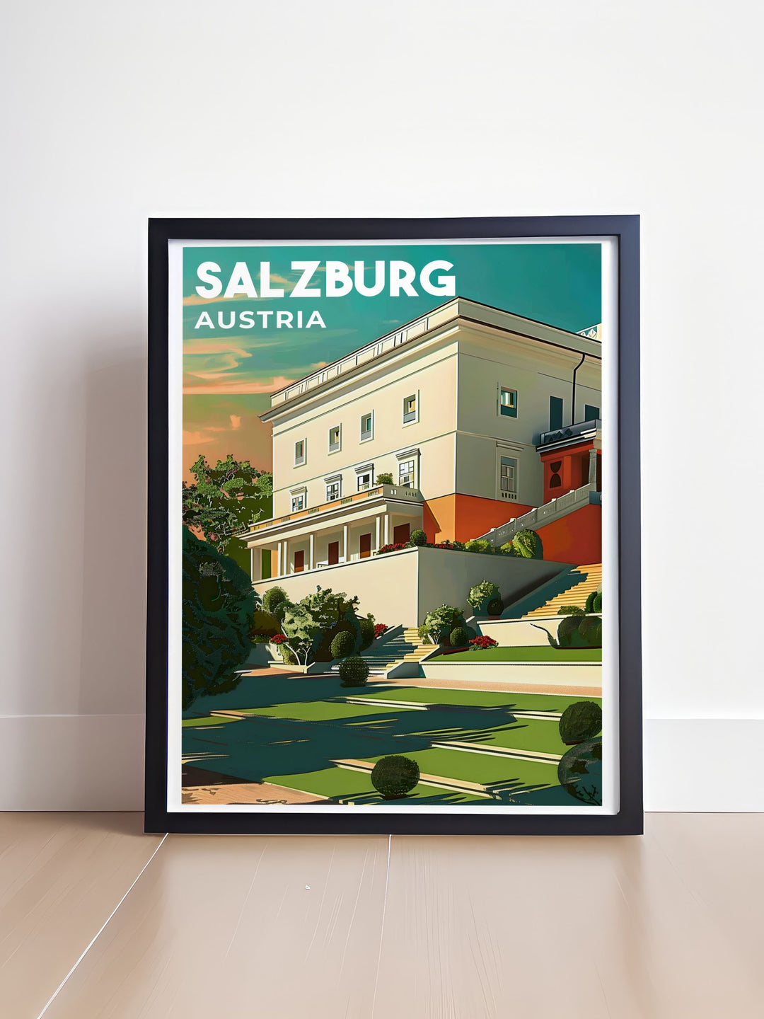 Vintage travel print featuring Mirabel Palace in Salzburg and the dynamic slopes of Zauchensee. Perfect for home decor, it adds a touch of Austrian heritage and skiing excitement to your living space.