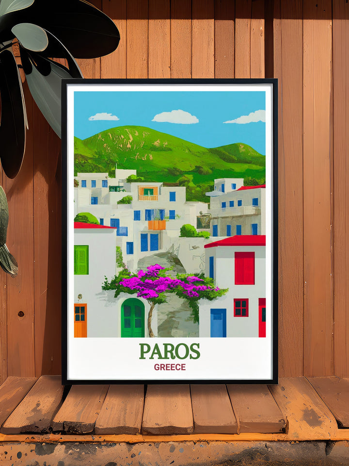 Experience the allure of Greek island life with this elegant art print of Lefkes Village, highlighting the tranquil streets and lush surroundings. The detailed artistry and calming tones create a relaxing ambiance, ideal for any Mediterranean themed room.