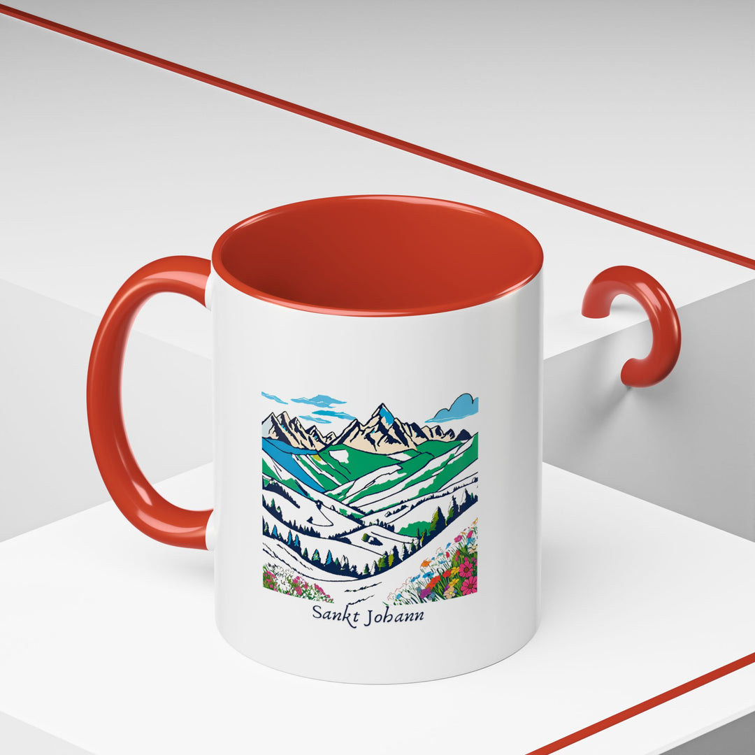 Celebrate the spirit of Sankt Johann with this mug featuring vibrant images of the towns cultural highlights and scenic views. Dishwasher and microwave safe, made from durable ceramic, ideal for coffee or tea lovers seeking a unique and artistic mug that captures Sankt Johanns essence.