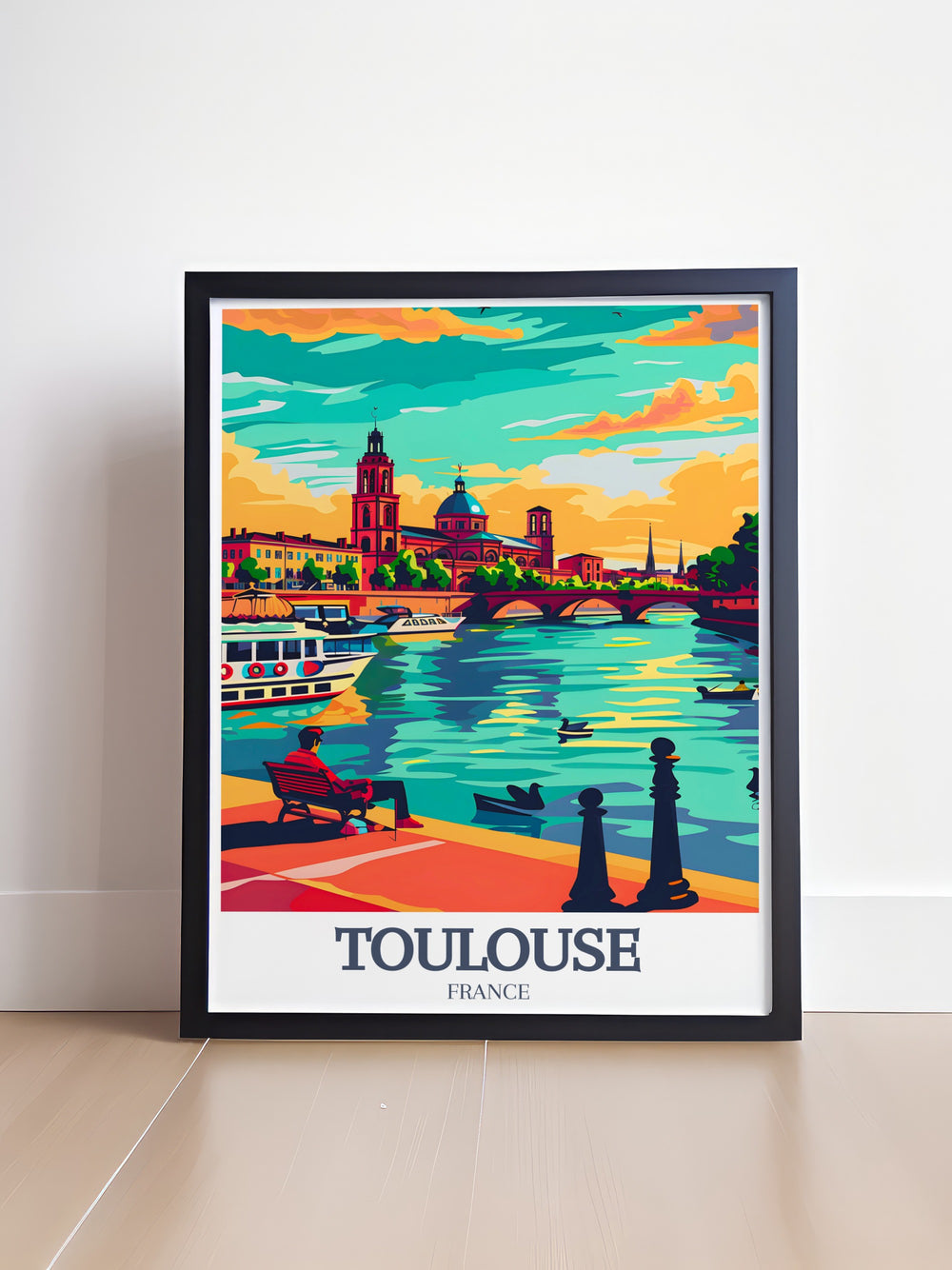 Featuring the iconic Place du Capitole and the historic Pont Neuf, this Toulouse wall art celebrates the citys blend of modern life and historical beauty. Perfect for anyone who loves French landmarks, this framed print is a stylish addition to any home or office.