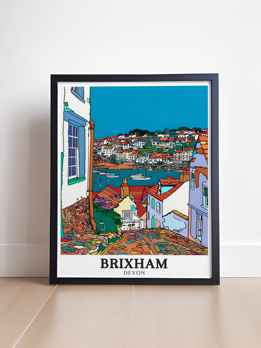 Brixham Town Custom Print offers a vibrant and detailed view of the towns picturesque harbor, ideal for anyone wanting to bring the calming beauty of the English coast into their home or office.