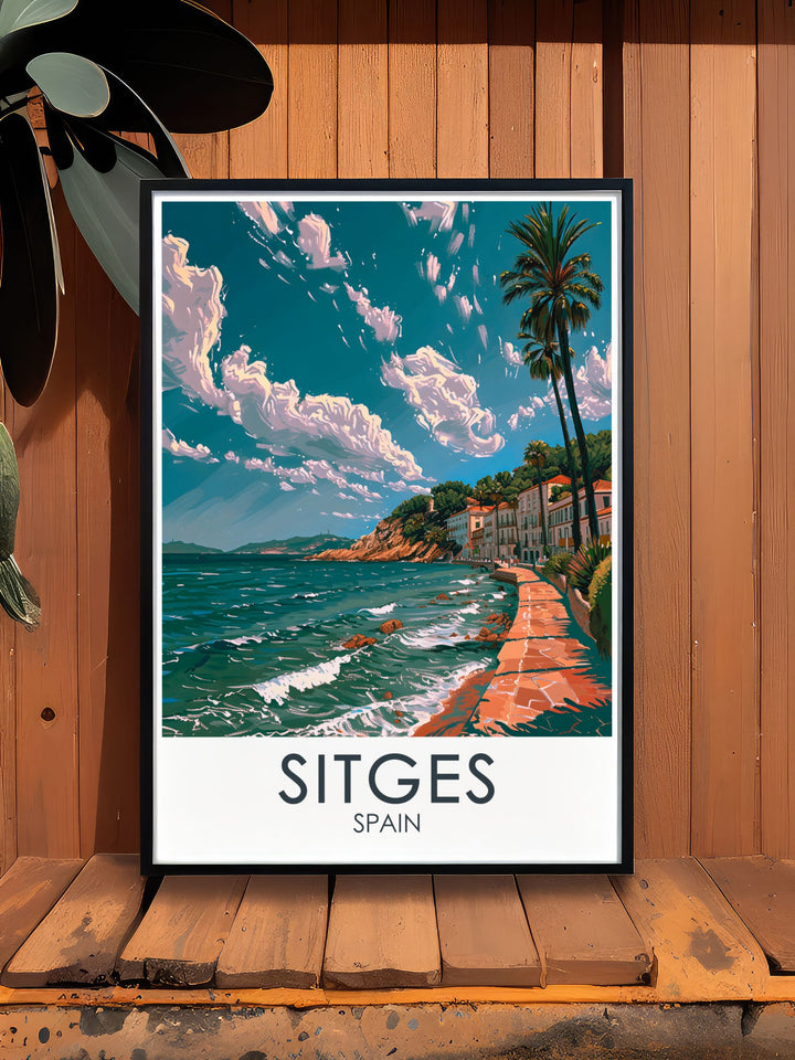 Featuring the sunlit Sitges Promenade, this travel print celebrates the coastal charm of Spain. With its vibrant colors and detailed design, this print is perfect for those who love Spanish culture or coastal landscapes.