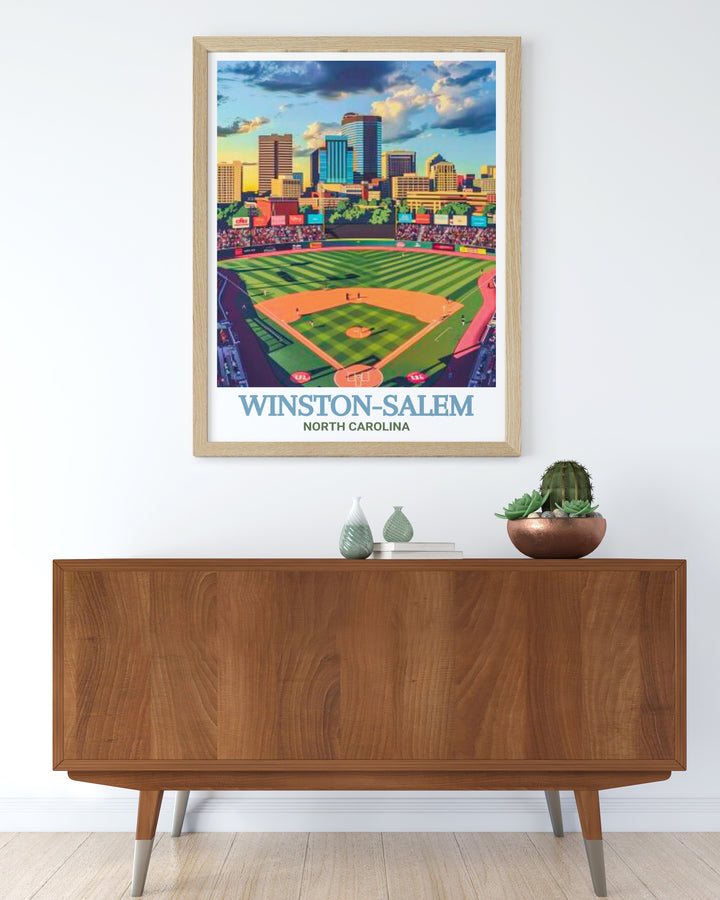 Winston Salem city print showcasing BB&T Ballpark. The vibrant illustration and detailed craftsmanship make this print a standout piece for urban themed decor. Ideal for enhancing your living space with a touch of city life.