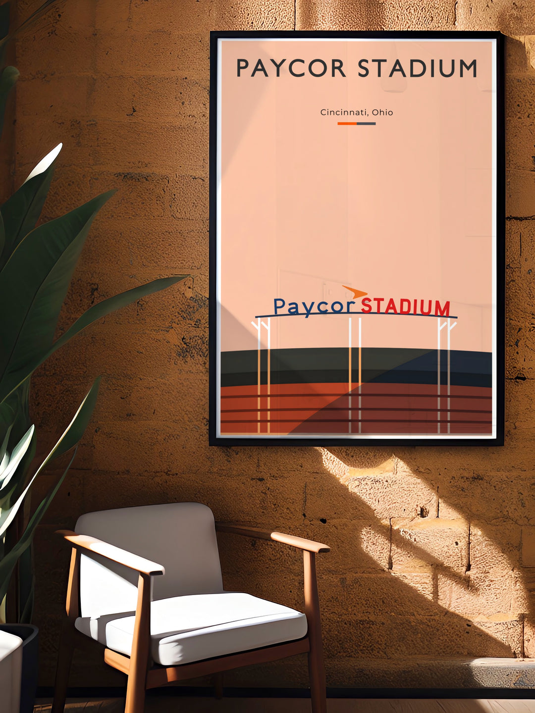 Paycor Stadium artwork featuring Joe Burrow and Tyler Boyd this vintage NFL print is an ideal football fan gift and home decor piece for those who love Bengals football and want to decorate their space with bold retro NFL posters