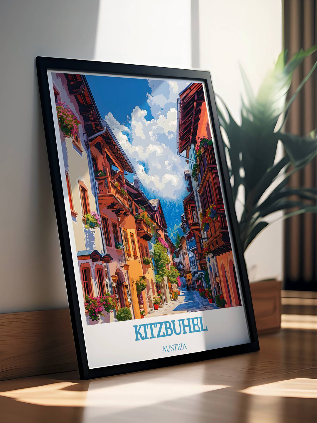 Hahnenkamm Ski Race and Kitzbuhel old town depicted in vibrant colors and intricate details a perfect Framed Print for skiing Austria enthusiasts and lovers of historic alpine towns