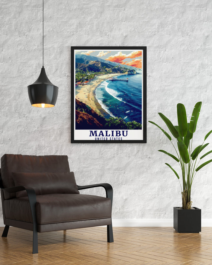 Add a touch of California coastal charm to your home with this Malibu travel print. Showcasing Malibu Lagoon State Beach, this poster is perfect for art lovers and those who cherish Californias picturesque beaches and sunsets.