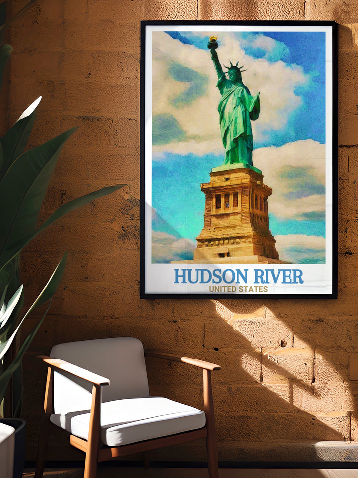 This travel poster print of the Hudson River and Statue of Liberty combines the beauty of New Yorks natural landscapes with its architectural wonders. A perfect gift for New York lovers or those who appreciate vintage style artwork.