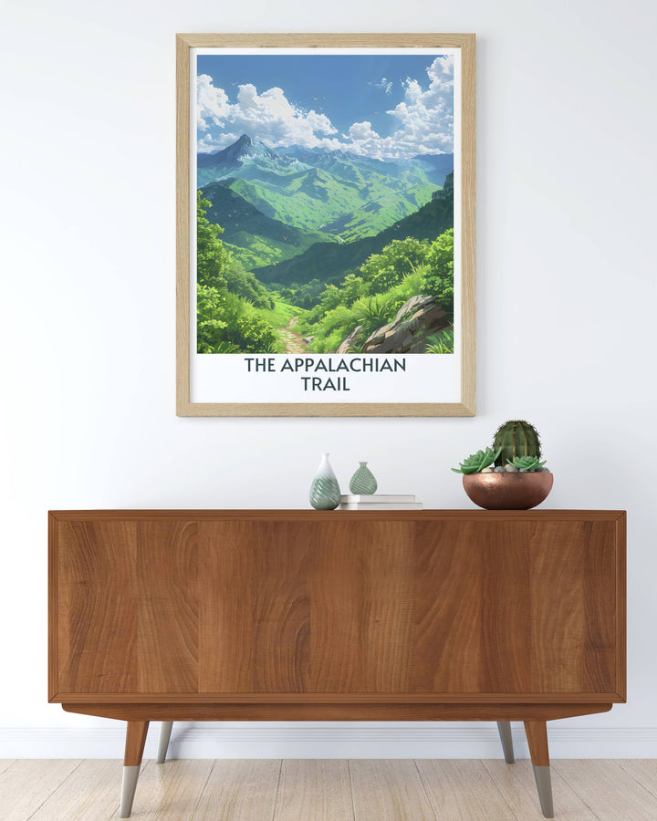 Detailed artistic print of the Great Smoky Mountains featuring iconic peaks and valleys of the Appalachian Trail.