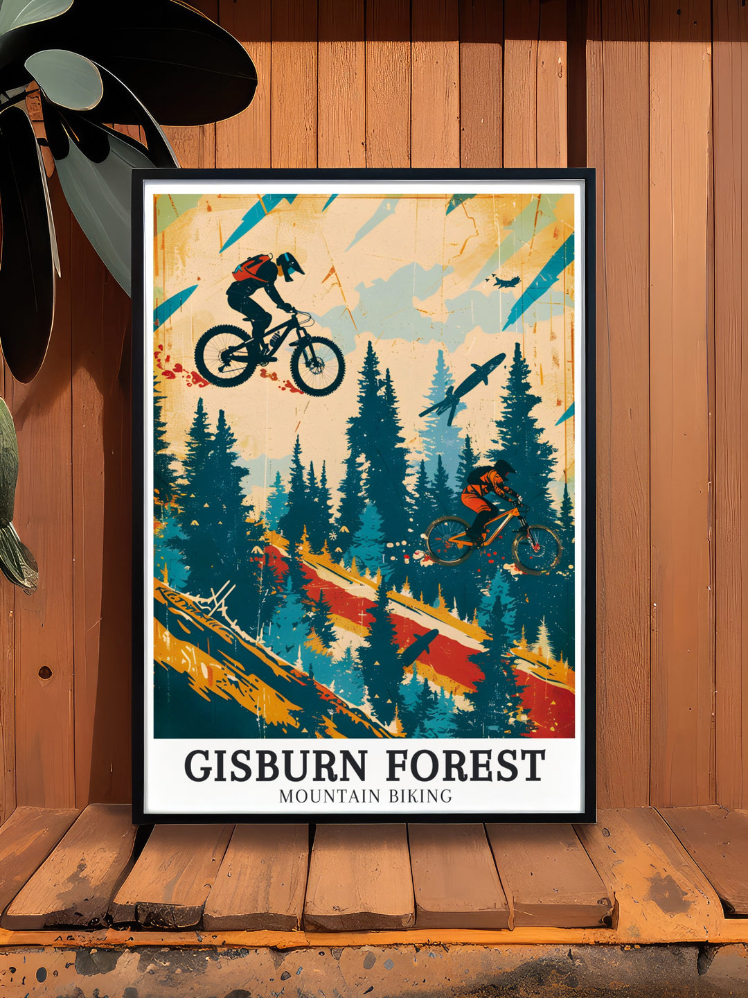 Bold and exciting Mountain Bike Poster showcasing the Red Route Hully Gully trail in Gisburn Forest capturing the thrill of MTB trails perfect for cycling enthusiasts and outdoor lovers