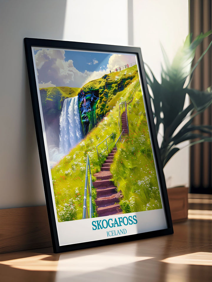 Reveal the captivating charm of Skogafoss and its trail with this travel poster, illustrating the magnificent waterfall and the panoramic views from the hike.