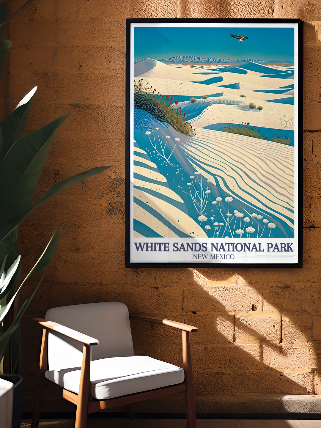 Stunning living room decor with White Sands poster showcasing the majestic Sacramento Mountains and the beautiful Chihuahuan Desert a perfect addition to any modern home decor and a great gift for national park enthusiasts and nature lovers.