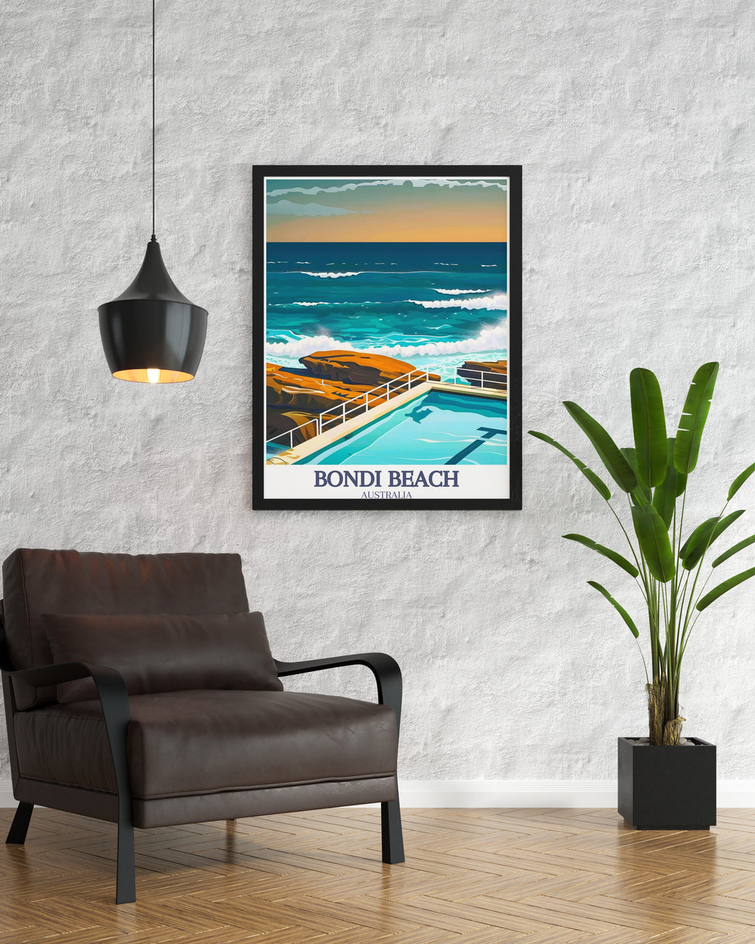 Vintage travel print of Sydney Harbour featuring the iconic structures of the Sydney Opera House and Harbour Bridge. Bondi Icebergs pool Bondi digital print adding vibrant beach scenes to your walls. Perfect for lovers of retro travel posters and Australia art.