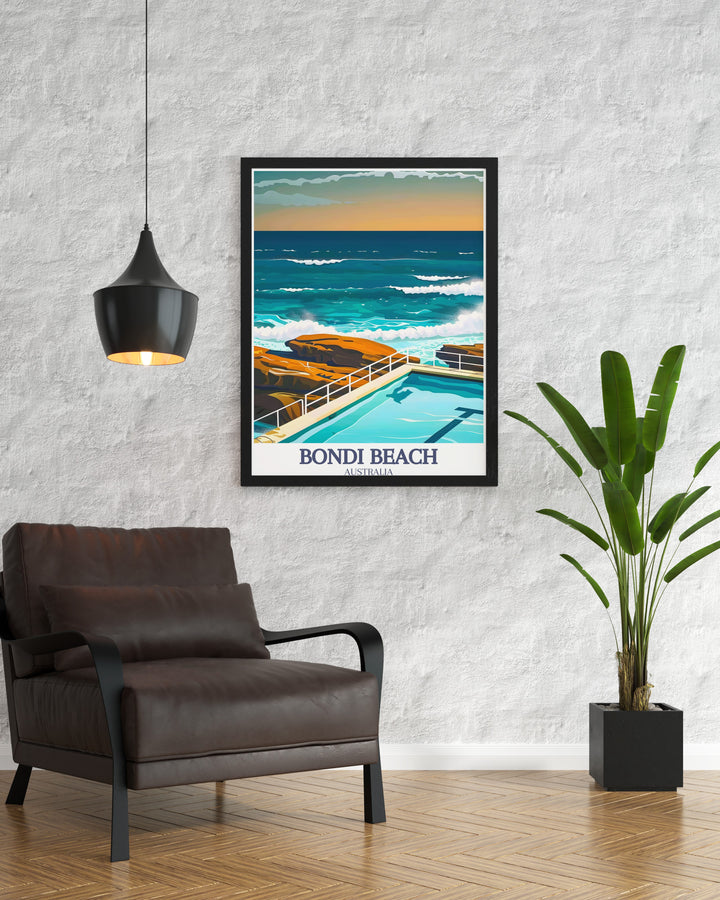 Vintage travel print of Sydney Harbour featuring the iconic structures of the Sydney Opera House and Harbour Bridge. Bondi Icebergs pool Bondi digital print adding vibrant beach scenes to your walls. Perfect for lovers of retro travel posters and Australia art.