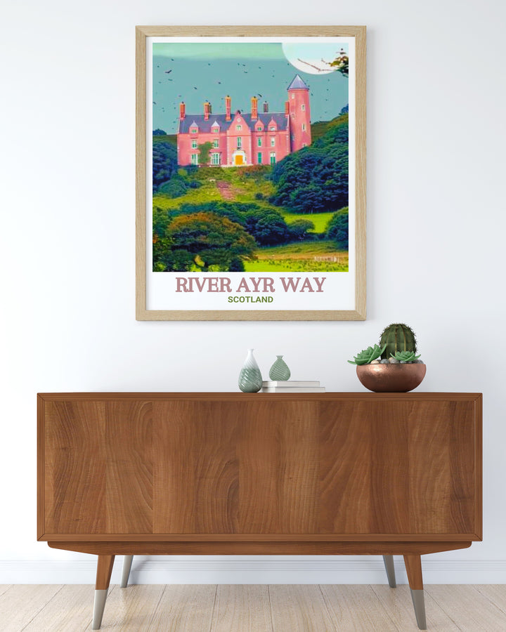 National Park travel poster showcasing the picturesque views of River Ayr Way and the historic essence of Sorn Castle. This print brings the charm of Scotlands natural beauty and historical heritage into your space, perfect for decorating living rooms, offices, or bedrooms.