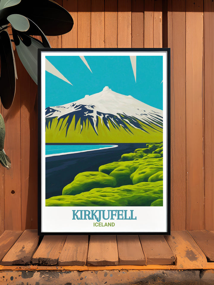 Iceland Travel Poster offering a detailed and vibrant portrayal of Icelands most famous natural landmarks, including Kirkjufell and Snæfellsjökull. The poster captures the breathtaking scenery of Iceland, making it a must have for anyone who wishes to keep a piece of this extraordinary countrys beauty close at hand.