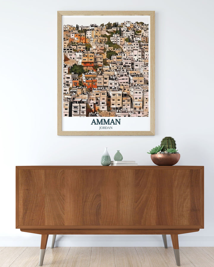Vibrant Travel Poster Print of Jabal Amman Mango street ideal for those who love travel inspired home decor and want to celebrate Jordans rich cultural heritage