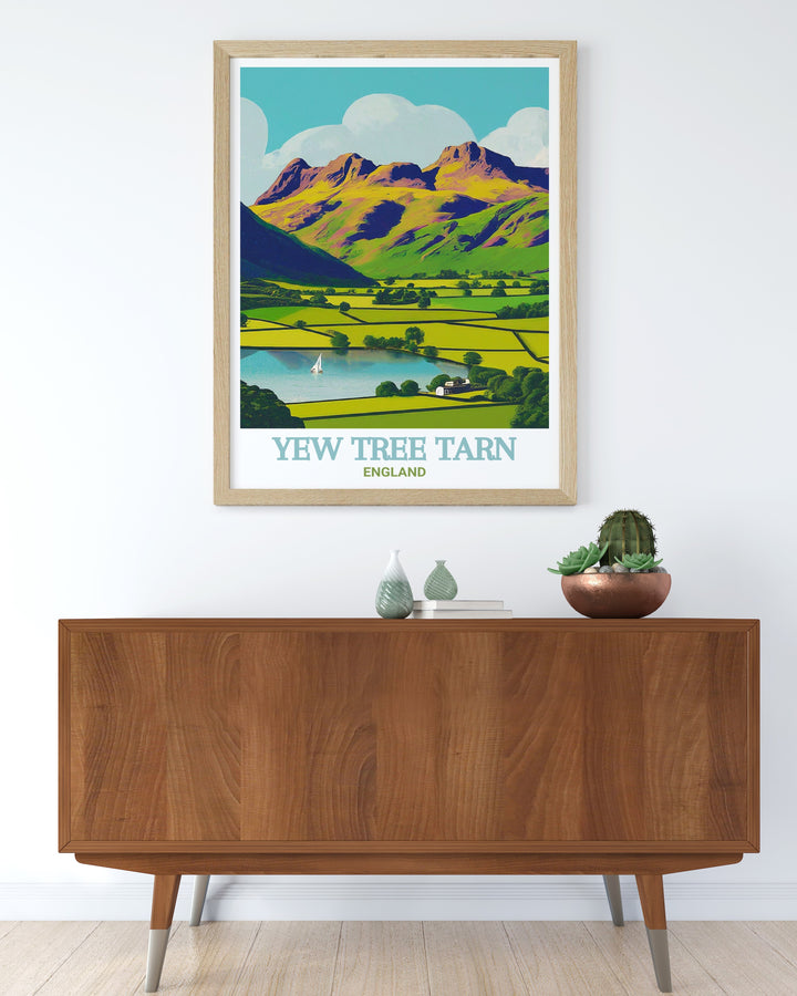 Yew Tree Tarn Cumbria poster featuring the stunning reflections and lush surroundings of this iconic location, with Langdale Pikes adding a dramatic backdrop. Ideal for enhancing your space with the tranquil beauty of the Lake District.