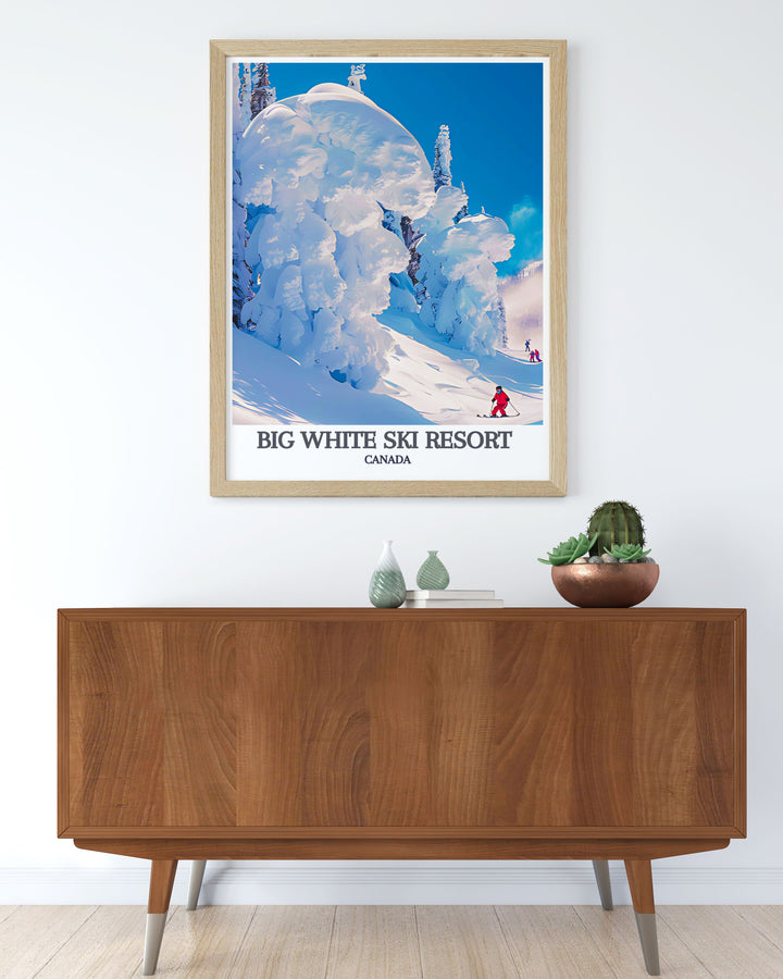 Vintage travel poster of Big White Ski Resort with stylized images of snow ghosts, combining retro elegance and the timeless beauty of Canadian ski culture, ideal for adding a nostalgic touch to any room.