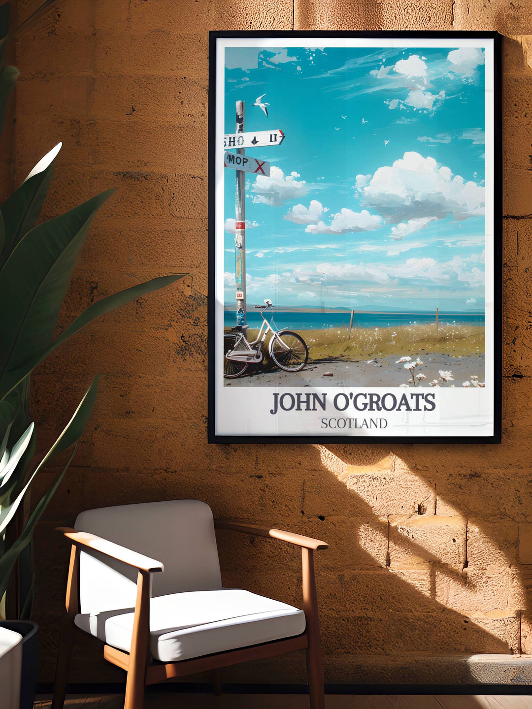 John O Groats Signpost home decor piece featuring the iconic landmark at the start of the End to End Bike Ride. Ideal for cycling enthusiasts and those who appreciate the beauty of Scotland cycling adventures.