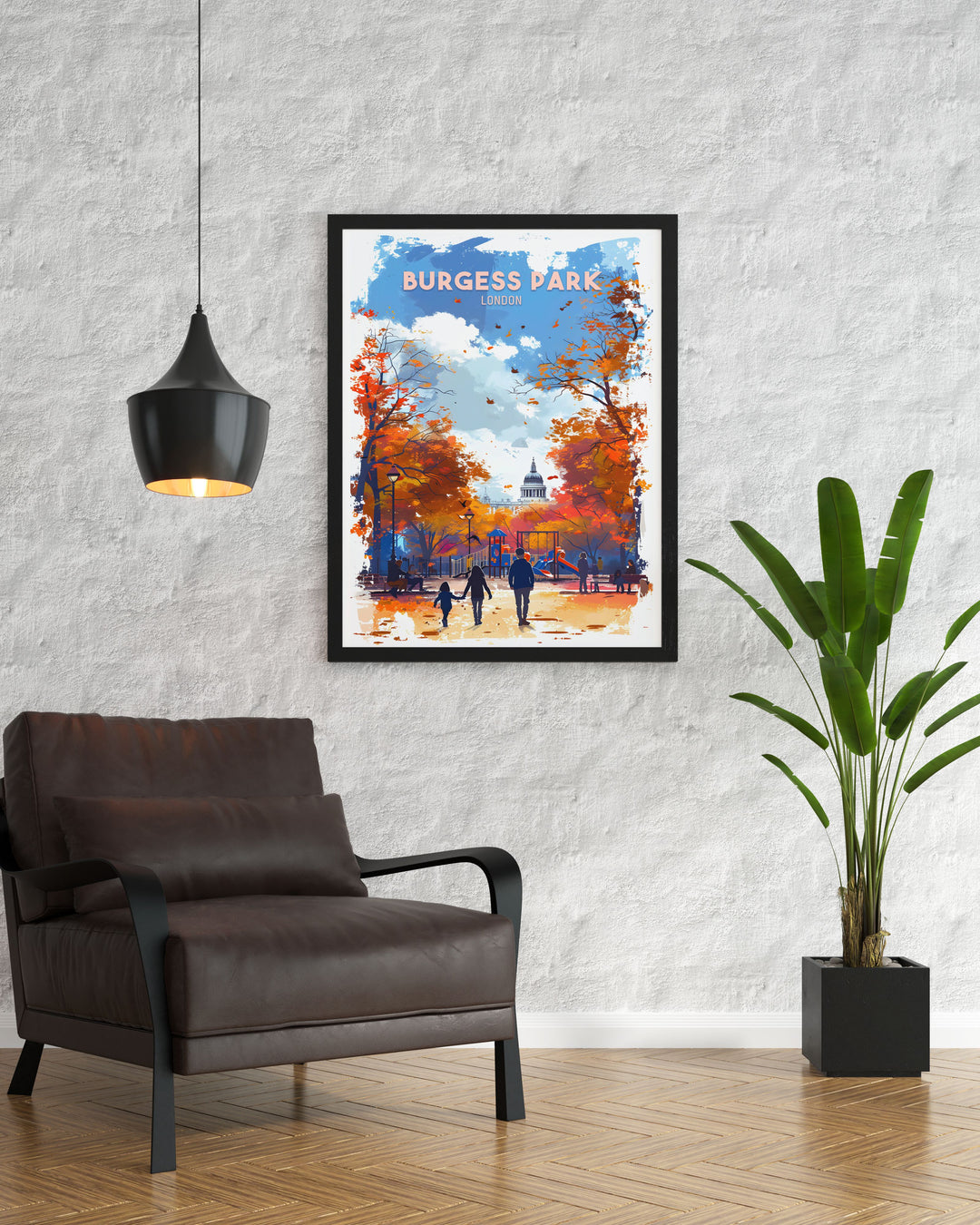 Vintage style poster of Burgess Park in London, featuring the dynamic playground scene, blending the charm of nostalgia with contemporary design, perfect for enhancing your living space with a piece of urban green beauty.