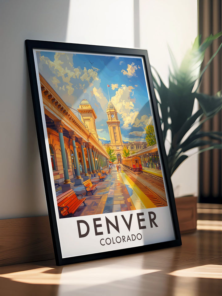 This travel poster captures Denvers skyline with its vibrant urban landscape and the majestic Rocky Mountains, adding a touch of Colorados charm to your home decor.