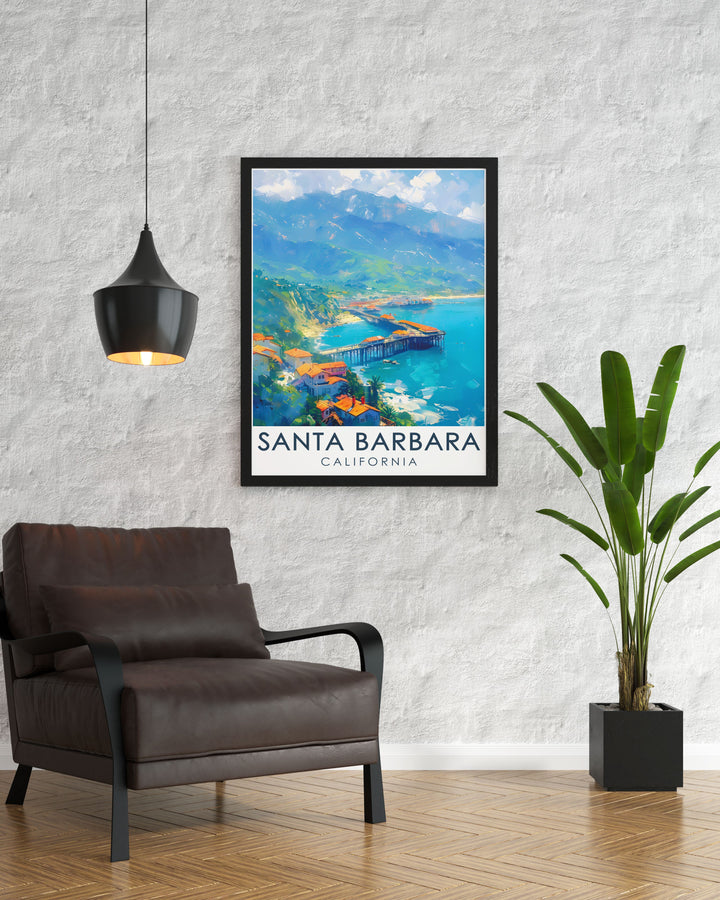 Santa Barbara poster print and Stearns Wharf modern decor combine urban and coastal beauty offering vibrant colors and fine line art perfect for home decor gifts for friends and special occasions like birthdays anniversaries and holidays