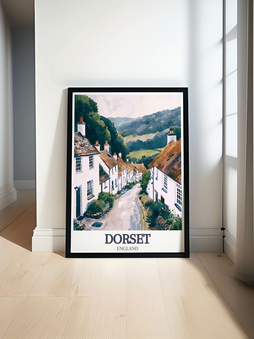 This travel poster captures the charming beauty of Shaftesburys Gold Hill, showcasing its iconic cobbled street and historic cottages.