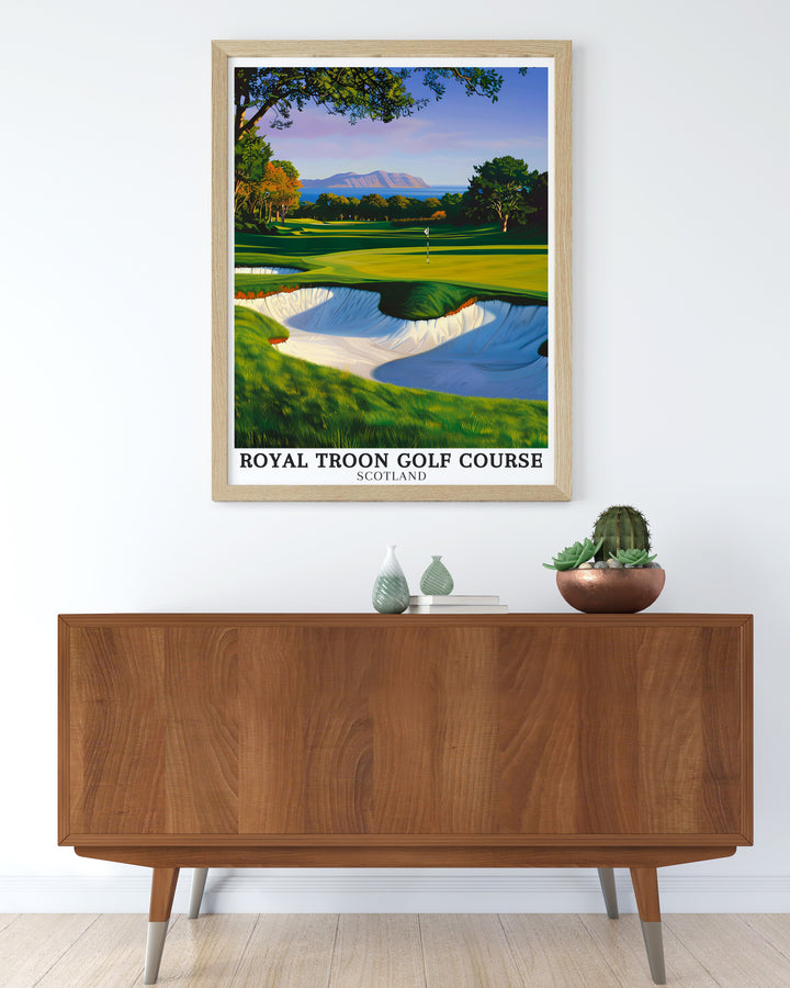 This golf art print of Royal Troon showcases the famous Postage Stamp hole and Isle of Arran ideal for collectors and golf fans this print celebrates the heritage of open golf tournaments including courses like Royal Dornoch and Augusta National.