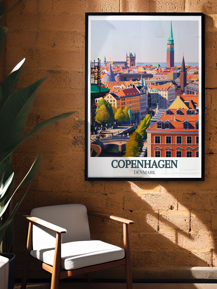 Transform your space with this captivating Copenhagen artwork of The Round Tower view, Copenhagen city hall. The vibrant colors and intricate details capture the essence of Denmarks historic cityscape.