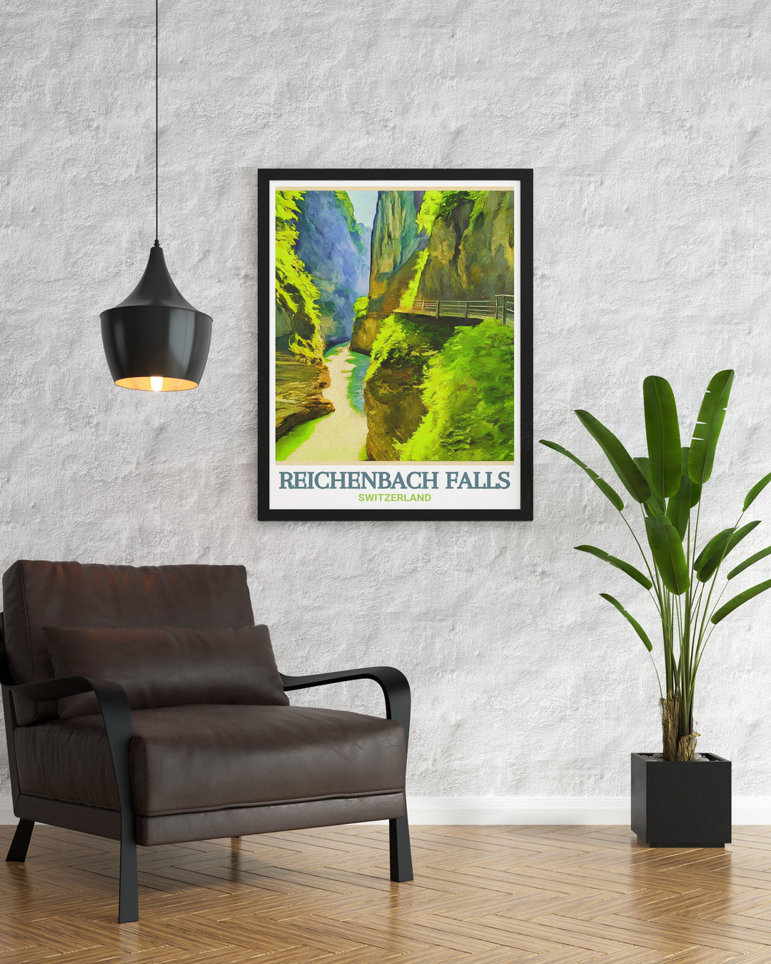 A stunning art print capturing the grandeur of Reichenbach Falls and Aare Gorge in Switzerland. The artwork brings together the natural beauty of these iconic landmarks, making it a perfect gift for travelers and nature lovers. Ideal as home decor, this Switzerland travel print highlights the rugged elegance of the Swiss landscape.